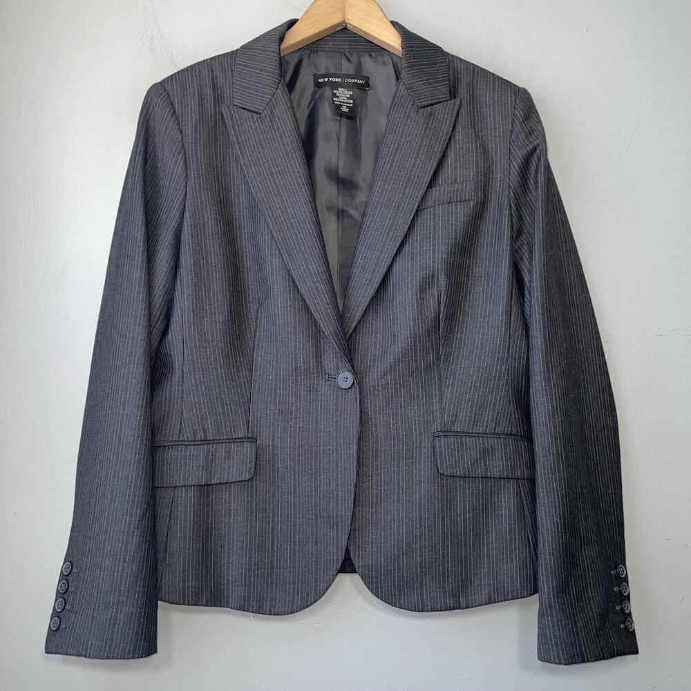 New York & Company Blazer Size 12 Gray Pinstripe One Button Jacket Office Career